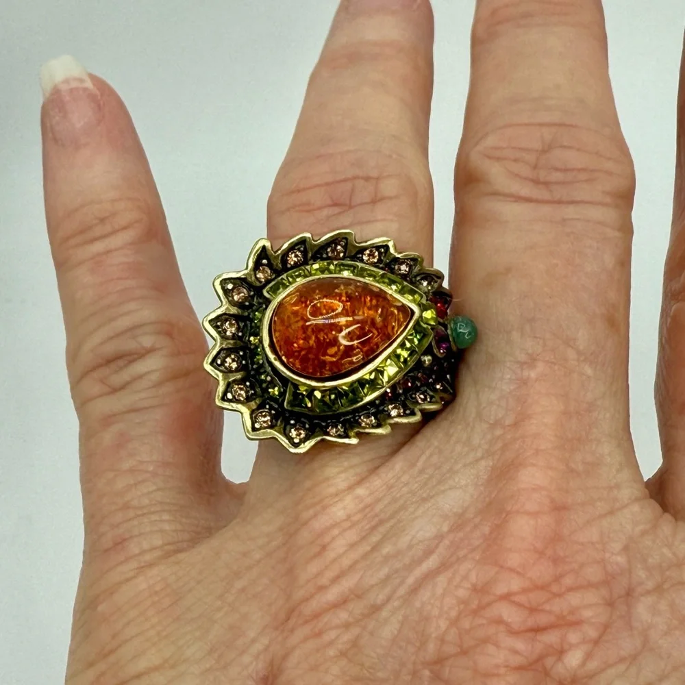 Vintage Heidi Daus Statement Ring – Amber Cabochon w Multi-Color Crystals Sz 7 - Picture 17 of 17